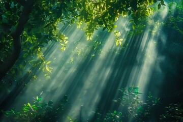 Aufkleber - Sunlight beams through the dense green foliage of a tropical forest, casting a magical glow, Sunlight filtering through a canopy of green