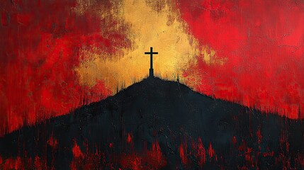 Wall Mural - An abstract background featuring a cross on a hill with golden and red brushstrokes, creating a striking image