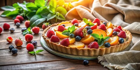 Wall Mural - A delectable fruit tart brimming with fresh raspberries, strawberries, blueberries, and vibrant orange slices, artfully arranged on a rustic wooden table.