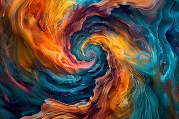 Poster - Abstract painting with vibrant swirls of blue, orange, and yellow in a topaz color scheme, Vibrant swirls of color blending together