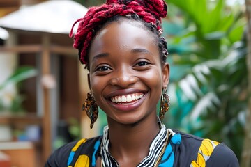 Wall Mural - Happy African Woman Portrait  Smiling  Red Hair  Outdoors