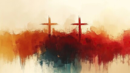 Wall Mural - An abstract background with soft warm colors and brushstrokes featuring two crosses, symbolizing Good Friday