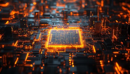 Fototapete - Closeup of a computing processor, detailed microchip and electronic circuit board, advanced technology concept, generative AI, hightech electronics background