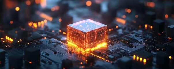 Poster - Futuristic microchip and CPU glowing on an electronic circuit board, representing advanced computing and generative AI, modern technology visualization