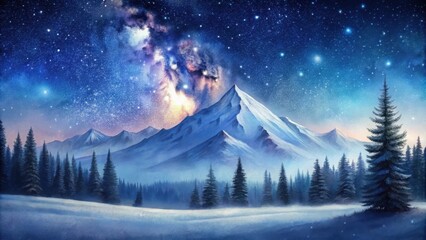 Sticker - Serene Winter Landscape Under a Starry Night Sky with Majestic Mountains and Evergreen Forest