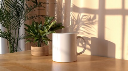 Wall Mural - White Mug Rests on Wooden Table Near Plants