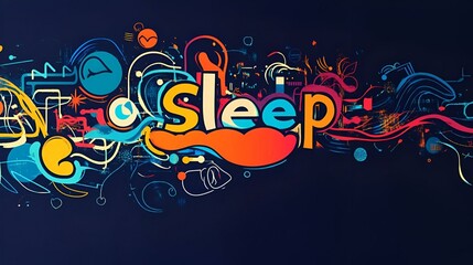 Poster - Bold abstract design featuring sleep-related icons, vibrant colors, dynamic shapes, evoking a sense of tranquility and dreamlike exploration.
