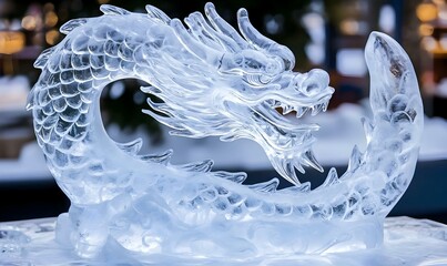 Poster - Chinese Dragon Ice Sculpture, intricately carved dragon showcasing traditional folk art, shimmering ice reflecting light, captivating details and elegance.