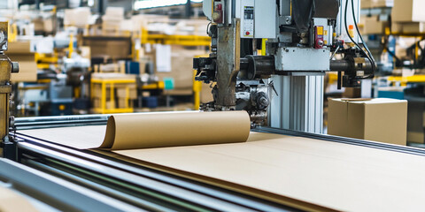 Aufkleber - Cardboard rolling machine in a busy packaging facility