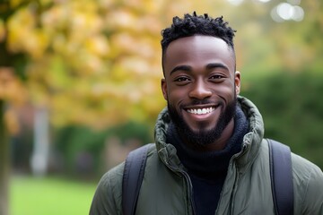 Wall Mural - Happy Smiling Black Man Autumn Park Portrait