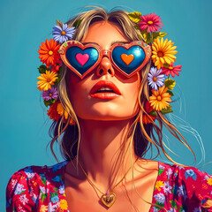 A woman wearing sunglasses with flowers in her hair