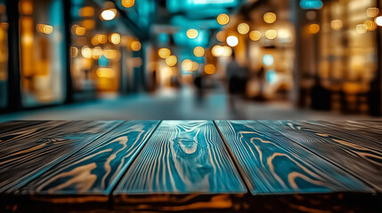 Aufkleber - Dark brown wooden table top with blurred street background at an outdoor shopping center. Bokeh effect creates a soft focus, emphasizing the texture of the wood and offering ample space for text, idea