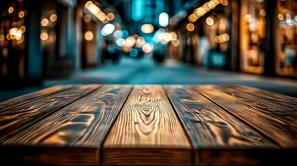 Poster - Dark brown wooden table top with blurred street background at an outdoor shopping center. Bokeh effect creates a soft focus, emphasizing the texture of the wood and offering ample space for text, idea