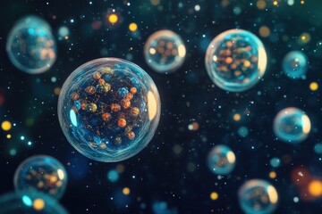 Poster - colorful microscopic cells floating in a dark, cosmic background filled with shimmering lights