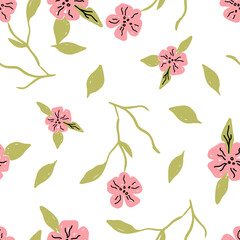 Wall Mural - Hand drawn floral pattern with pink flowers and green leaves on a white background nature beauty vector illustration