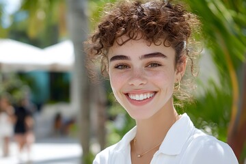 Wall Mural - Happy Young Woman Smiling Outdoors  Summer Portrait