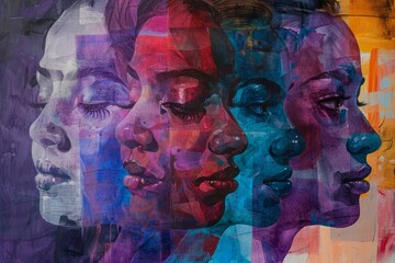 Poster - a contemporary painting featuring four female profiles in abstract, colorful style, reflect on the p