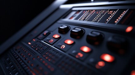 Close-up of a futuristic car's control panel with illuminated buttons and digital display.