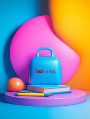 Wall Mural - Minimal Back to School 3D Sculpture - Symbolic Back to School scene:  books, pencil, satchel, vibrant colors, dynamic shapes.  New beginnings, education, knowledge, growth, and learning.