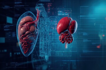 Poster - detailed visualization of human organs highlighting heart and kidney anatomy with digital overlay