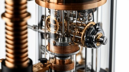 Wall Mural - Close-up of intricate gold and silver gears inside a glass cylinder.