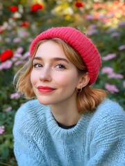 Wall Mural - Young Woman in Knit Sweater and Beanie  Outdoor Portrait