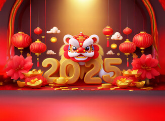 Wall Mural - A cute lion dance head sits before the golden numbers 2025, surrounded by red lanterns, flowers, and gold ingots.  Celebrating the Lunar New Year with festive decorations.