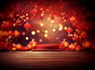 Canvas Print - A festive scene with red lanterns and blossoms surrounding a wooden platform, perfect for product display.  Warm, bokeh lights create a celebratory mood.