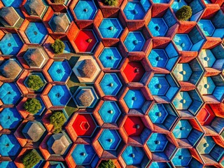 Poster - Abstract Aerial Hexagon Pattern: Red and Blue Geometric Background