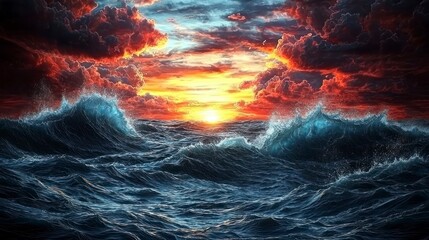 Wall Mural - Fiery sunset over rough ocean.