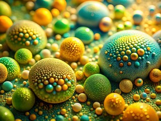 Poster - Abstract Beige, Green & Yellow Organic Shapes with Blue Spots - Bokeh Background Stock Photo