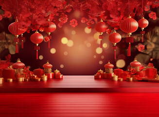 Wall Mural - Red lanterns and blossoms hang above a festive red table, adorned with candles and gifts.  A bokeh background adds a warm, celebratory glow.