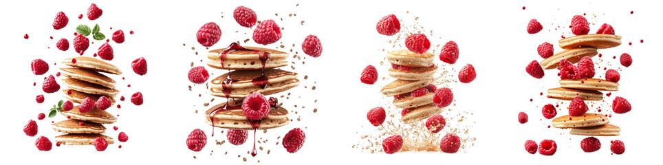 Fototapete - Raspberry pancakes flying through the air isolated on white background. Mix Collection Png.