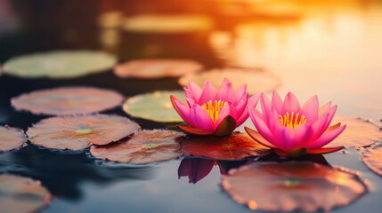 Two vibrant pink water lilies bloom on a serene pond, surrounded by floating green leaves, illuminated by a warm sunset glow.