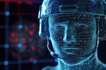 Poster - Futuristic soldier with digital interface in a high-tech environment at night