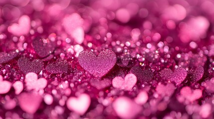 Wall Mural - Rendy viva magenta color of the year 2023 featuring pink-red hearts and sparkling glitter bokeh background, creating a romantic and abstract defocused texture perfect for valentine's day themes and fe