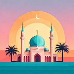 Wall Mural - serene postcard illustration featuring a mosque in flat art style