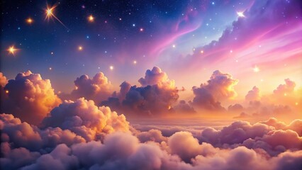 Wall Mural - dreamlike sunset above a sea of clouds with sparkling stars