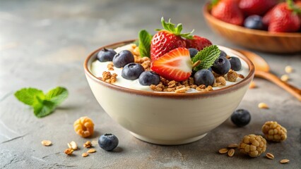 Wall Mural - A delightful bowl of creamy yogurt topped with crunchy granola, sweet strawberries, and juicy blueberries, garnished with fresh mint leaves