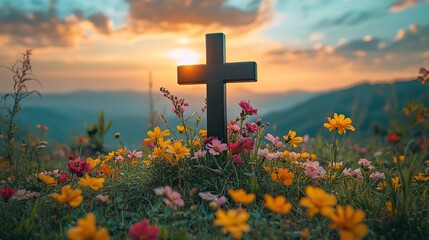 Wall Mural - An Easter cross stands on a grassy hill, decorated with vibrant flowers