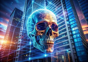 Poster - Abstract Hologram Skull on Modern Building: Cybercrime & Hacking Multiexposure Stock Photo