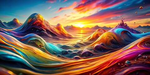 Poster - Abstract Iridescent Liquid Wave Landscape - Colorful Fluid Art Background