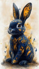 Wall Mural - Ornate blue rabbit with gold details sitting.