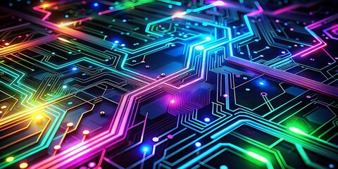 Poster - Abstract Neon Circuit Board Cyberspace Background: Generative AI Art for Tech & Sci-Fi Designs