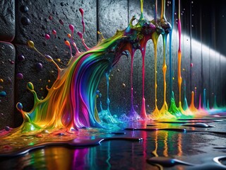 Poster - Abstract Rainbow Oil Flowing Down Black Wall - 3D Rendered Animation Background