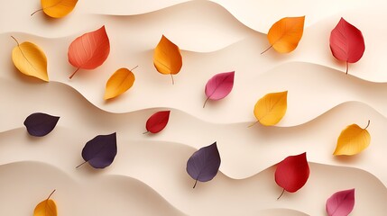 Canvas Print - Colorful autumn leaves arranged on wavy beige background.