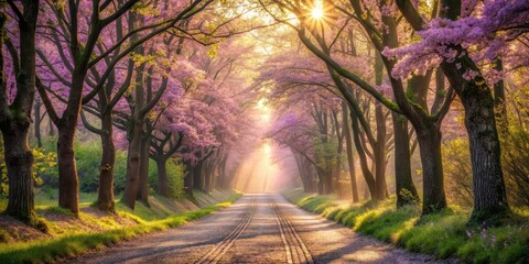 Canvas Print - Sunlit Path Through Blossoming Trees, a Serene Springtime Scene