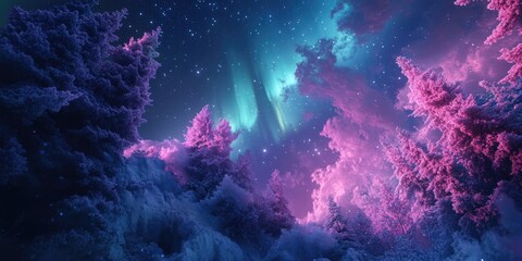 Wall Mural - purple blue sky stars trees