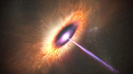 active galactic nucleus, jet emission, space, cosmic, background stars, science illustration, astron