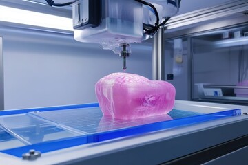 Poster - 3D printing process creates a vibrant pink object in a modern workspace